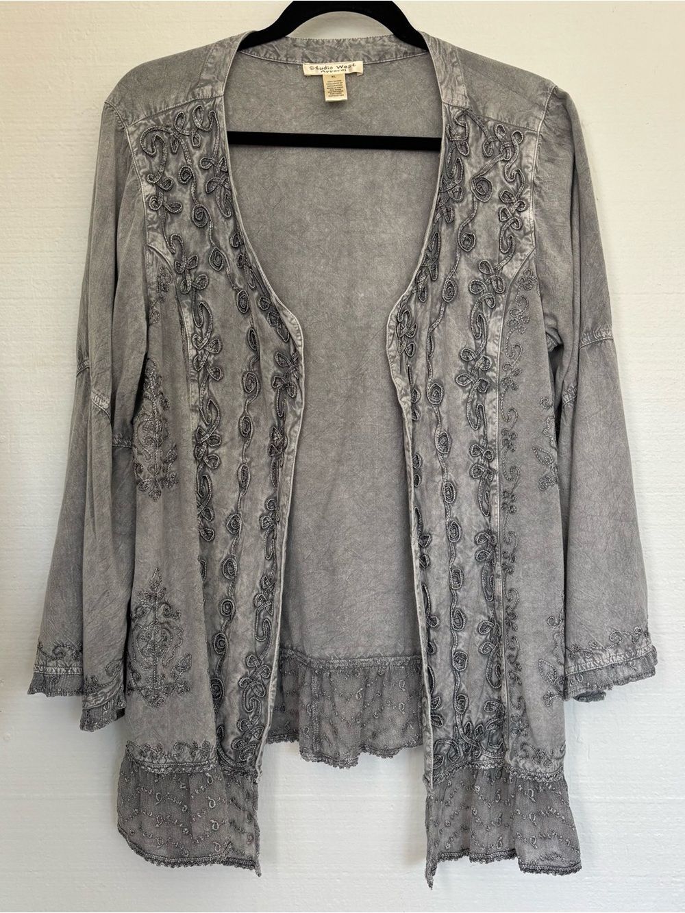 Studio West Apparel Grey Embroidered Open Front Cardigan Bell Sleeve Boho